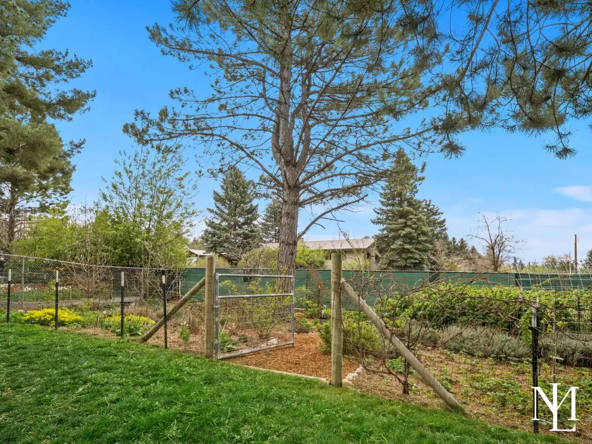 Fenced garden and orchard area with established planting beds in private backyard setting.