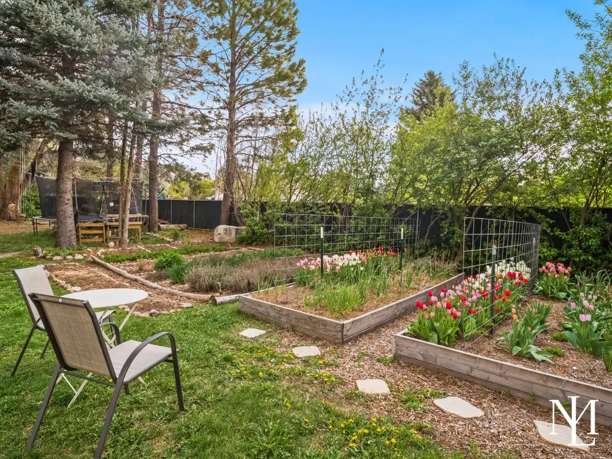 Raised garden beds and blooming tulips in landscaped Eden, Utah backyard designed for garden-to-table living.
