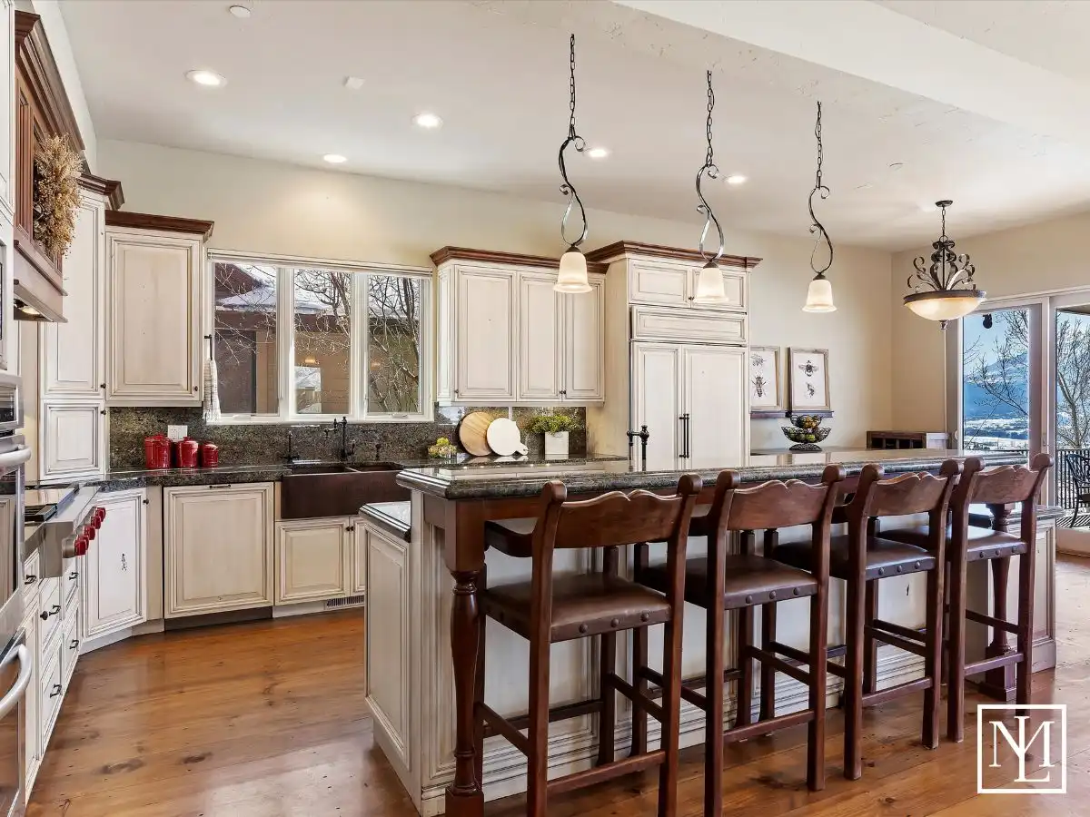 Luxury kitchen with a large island at 5932 E Big Horn Pkwy, Eden, UT