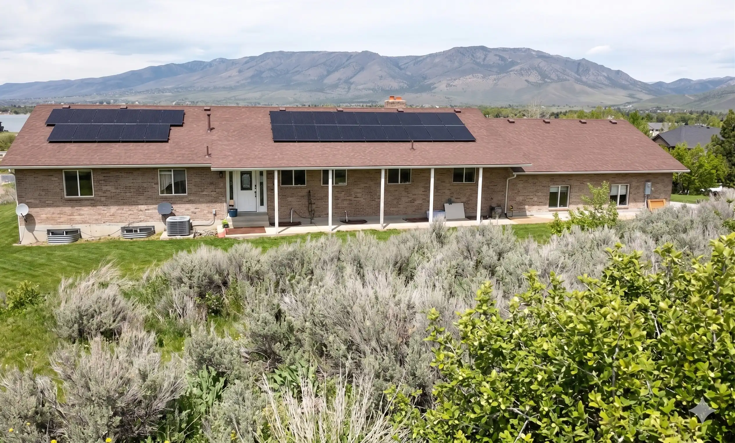 Aerial view of a brick home with rooftop solar panels, native landscaping, and mountain views near Ski Lake in Huntsville, Utah.