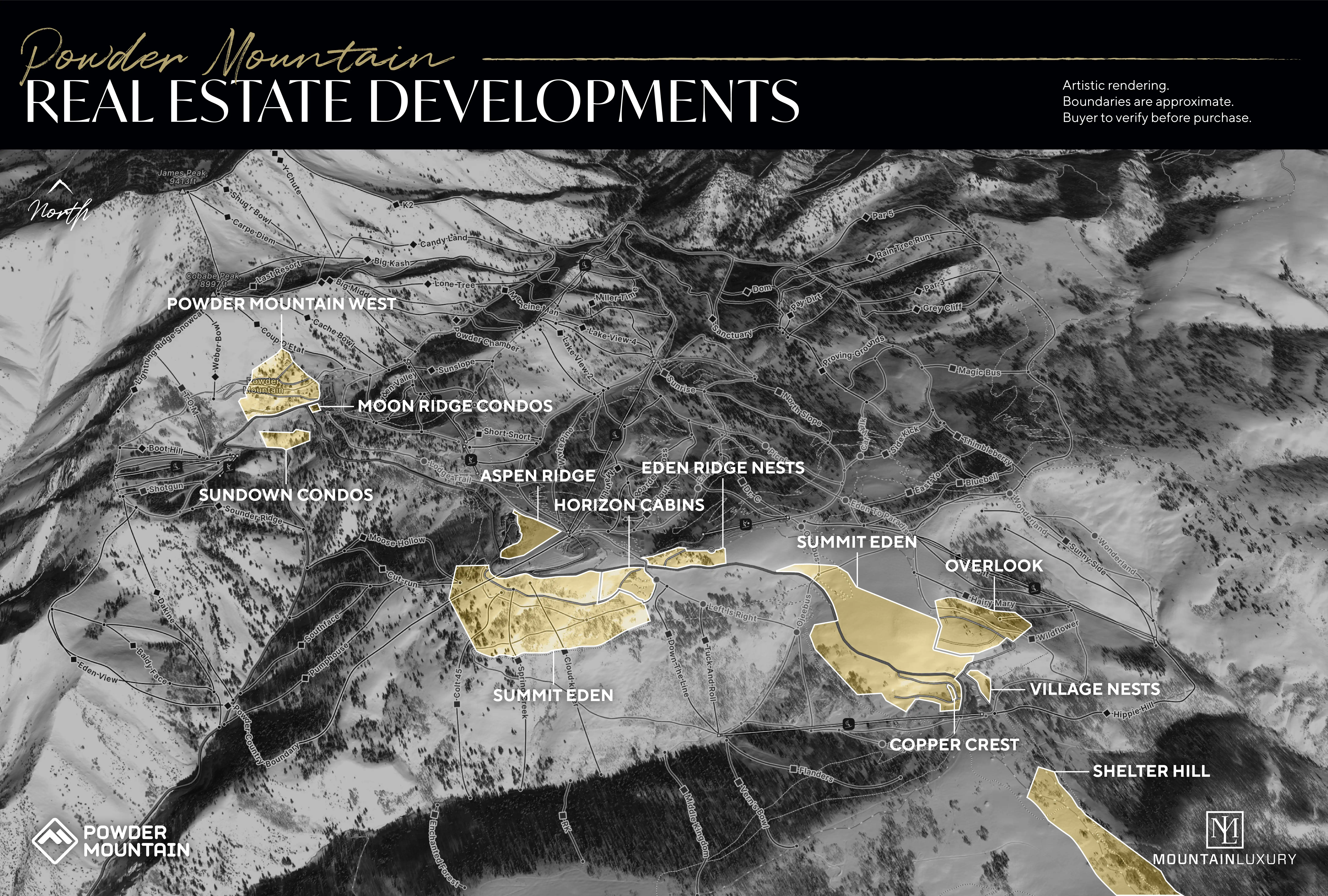 Artistic rendering of Powder Mountain's real estate developments and their locations on the mountain.