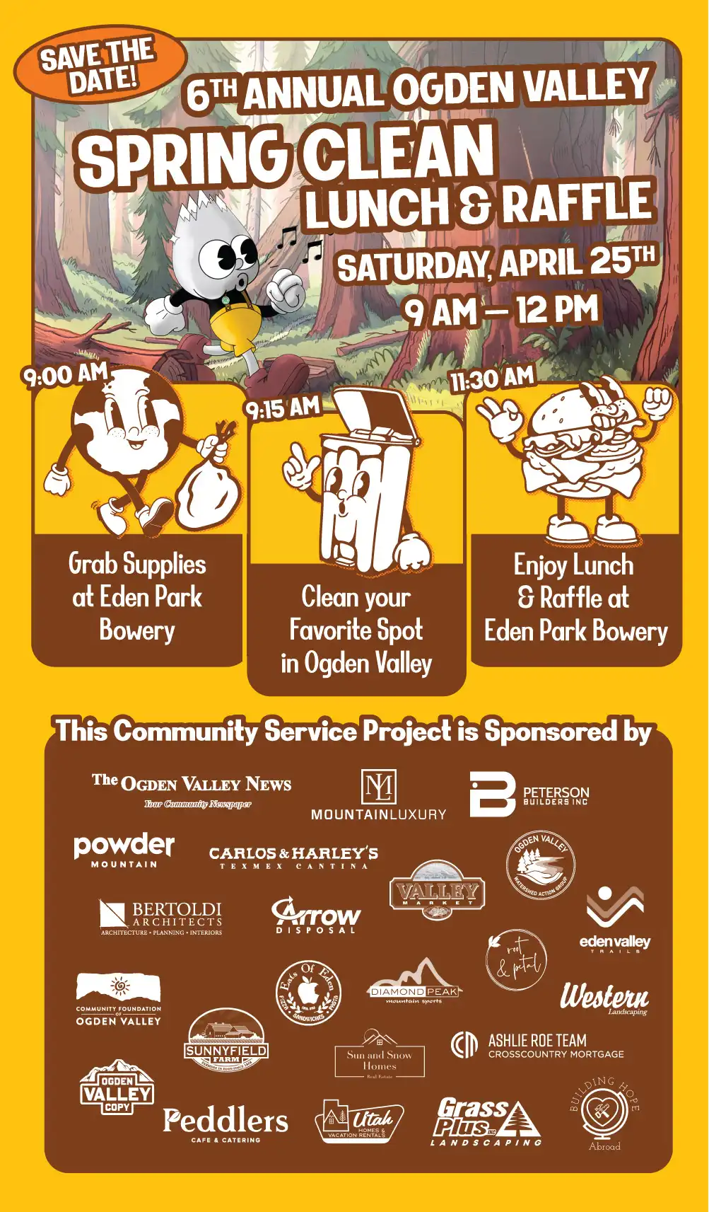 Illustrated poster of the Ogden Valley Spring Clean, Lunch, & Raffle