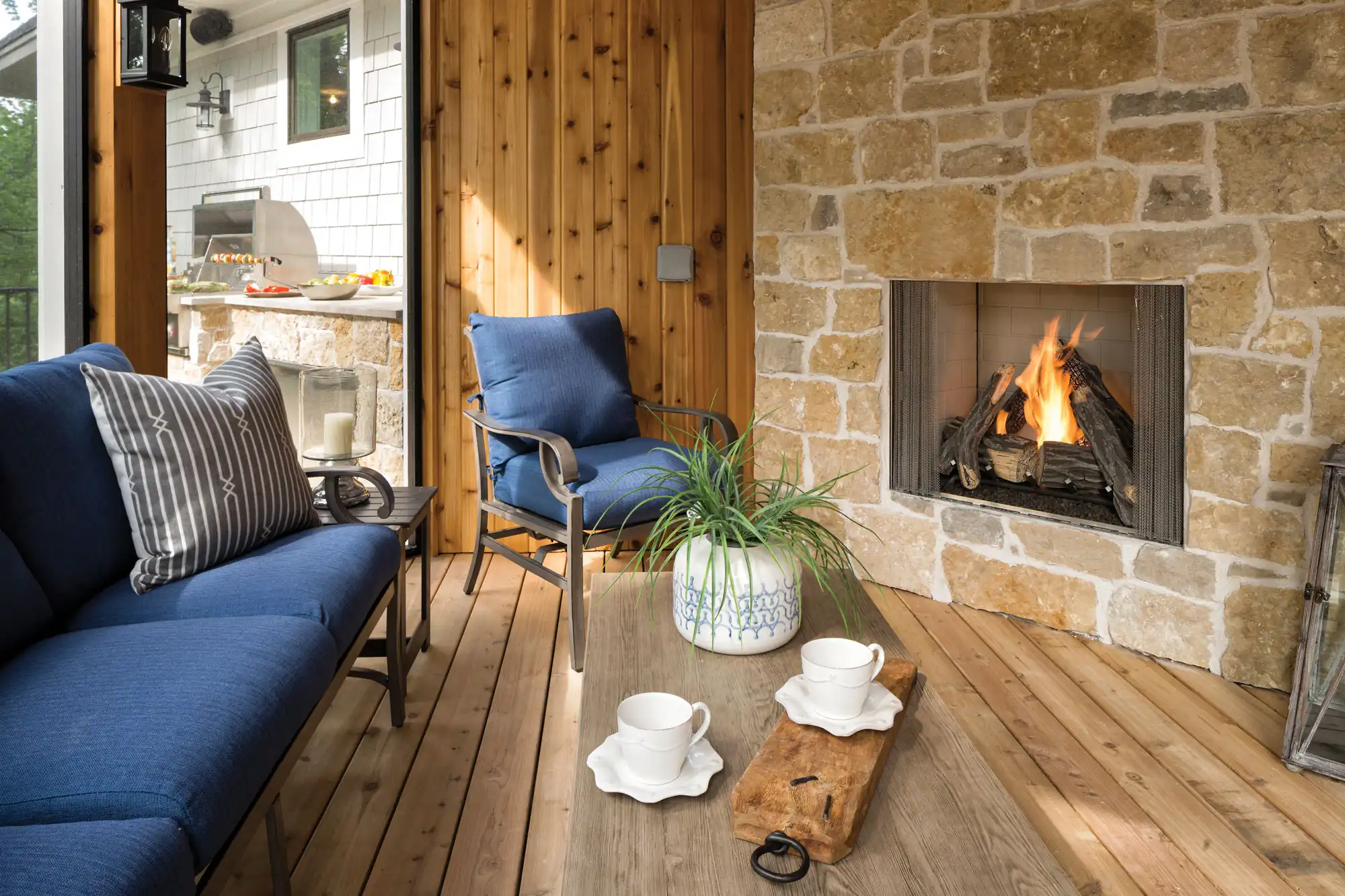 Cozy fireplace with wood table.