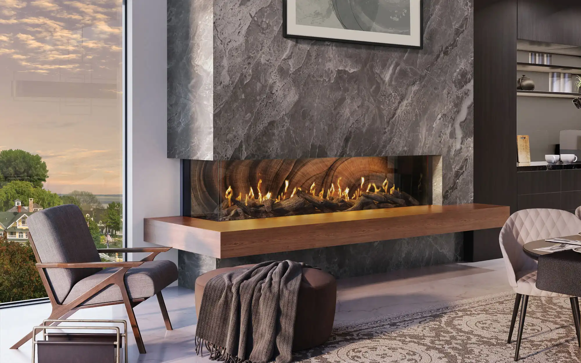 Modern Fireplace rendering next to a window, and really really cool modern chair.