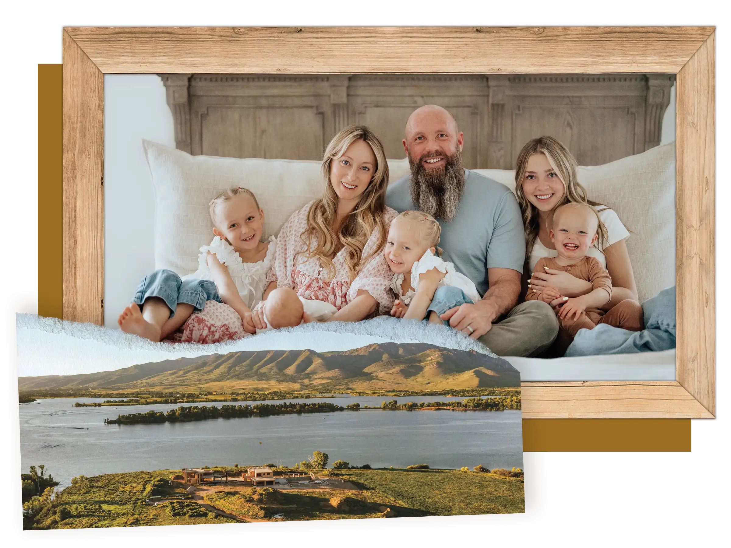 Smiling family of seven sitting together on a bed, framed in rustic wood, with an aerial view of a lakeside home and mountains in Ogden Valley, Utah layered below.
