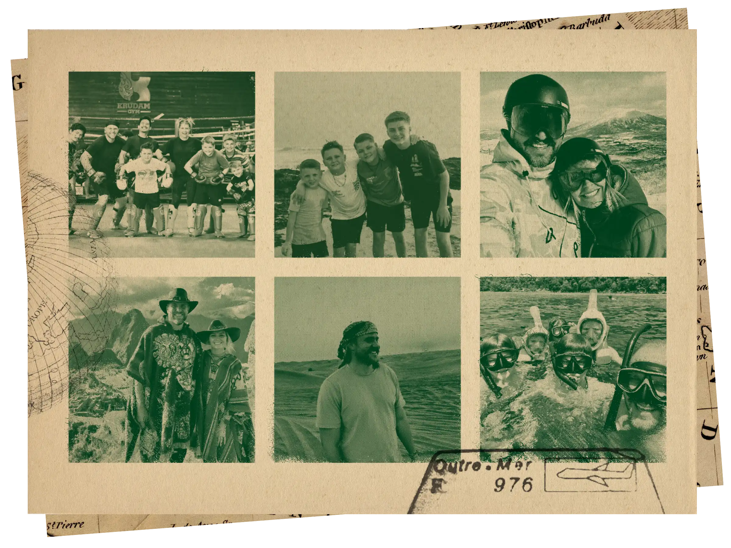 Collage of six vintage-toned travel and adventure photos showing Adam Stuart and his family enjoying activities like Muay Thai training, beach outings, skiing, cultural dress, desert exploration, and snorkeling.