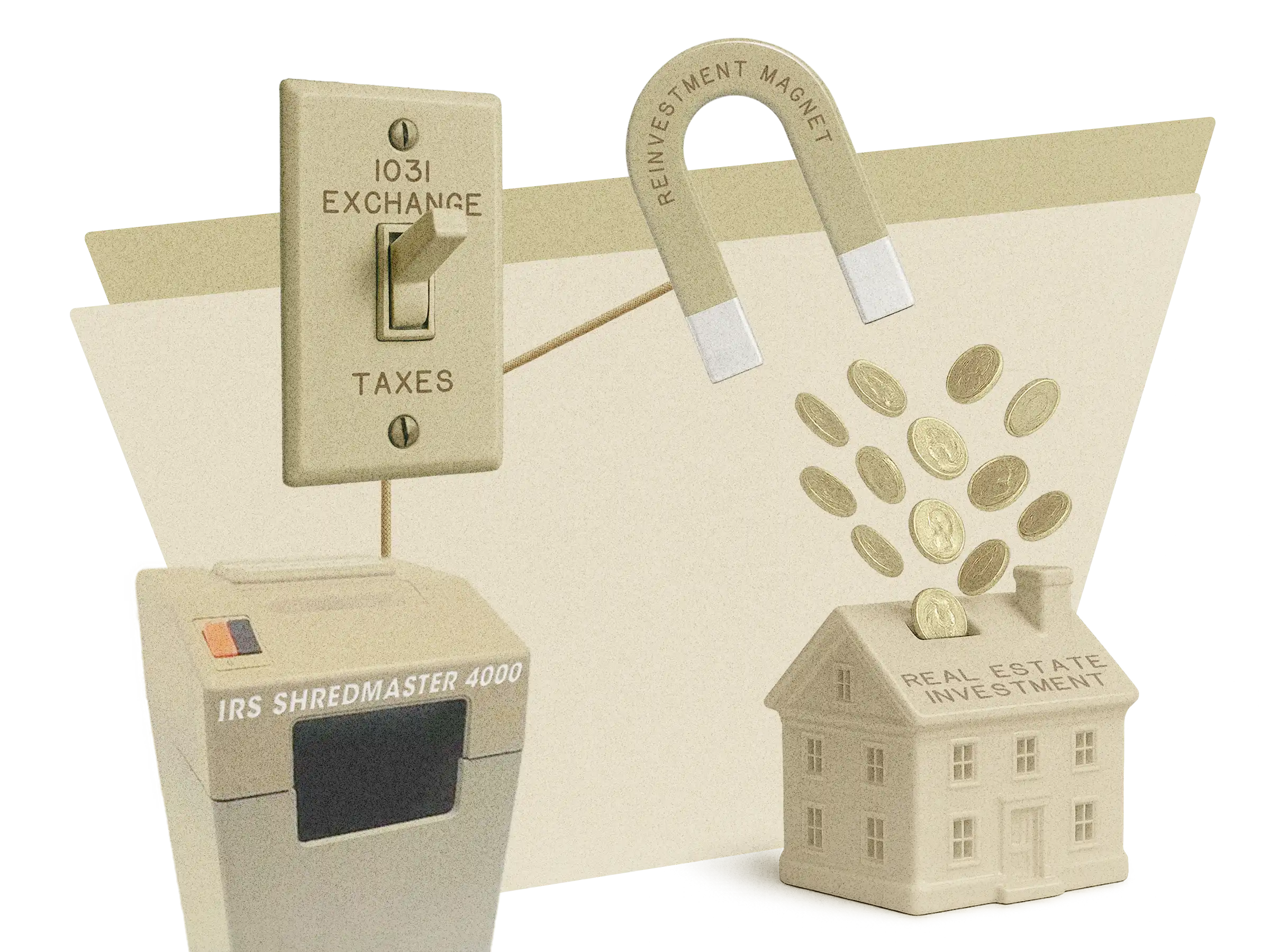 Conceptual illustration of a 1031 exchange tax switch funneling coins into a real estate investment, with a magnet labeled 'Reinvestment Magnet' and a shredder labeled 'IRS Shredmaster 4000' symbolizing tax deferral.