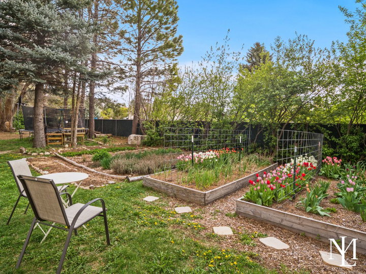 Raised garden beds and blooming tulips in landscaped Eden, Utah backyard designed for garden-to-table living.