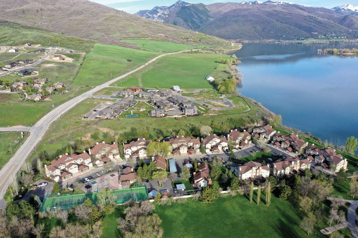 Aerial of Lakeside Village in Huntsville, Utah right next to Pineview Reservoir.
