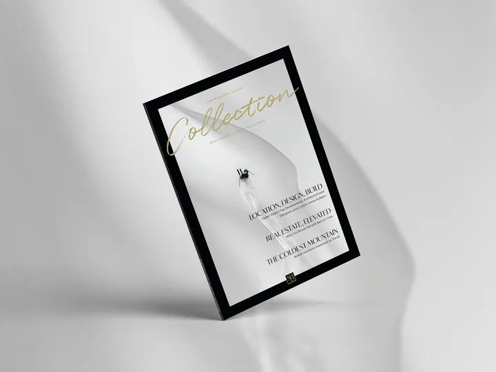 A rendering of the Mountain Luxury Collection magazine against a blurred snowy background.
