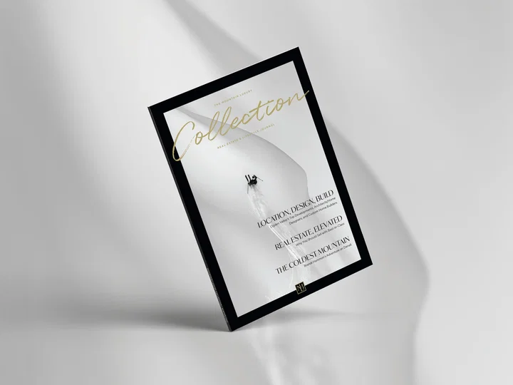 A rendering of the Mountain Luxury Collection magazine against a blurred snowy background.