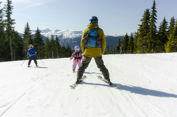 Family of skiers at a resort like Angel Fire Resort in New Mexico