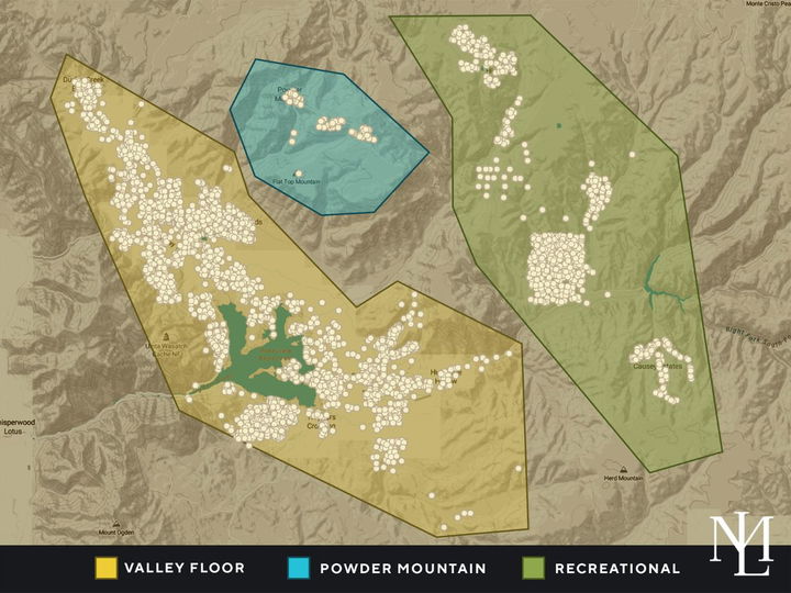 Ogden Valley market segmentation map highlighting the Valley Floor, Powder Mountain, and Recreational real estate areas with property locations across the region.