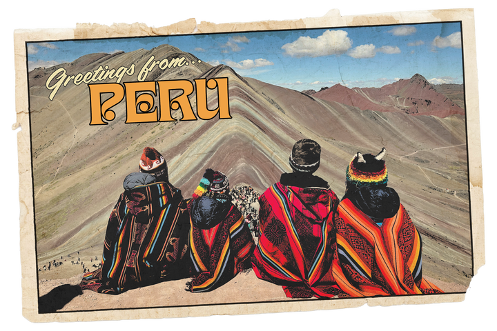 Vintage-style postcard reading 'Greetings from Peru,' showing a group of children in colorful traditional clothing overlooking Peru’s Rainbow Mountain under a bright blue sky.