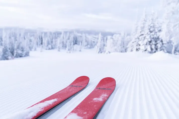 Red skis on a groomer.