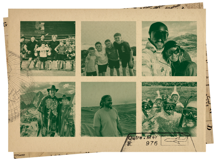 Collage of six vintage-toned travel and adventure photos showing Adam Stuart and his family enjoying activities like Muay Thai training, beach outings, skiing, cultural dress, desert exploration, and snorkeling.