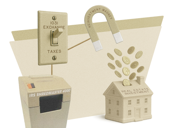 Conceptual illustration of a 1031 exchange tax switch funneling coins into a real estate investment, with a magnet labeled 'Reinvestment Magnet' and a shredder labeled 'IRS Shredmaster 4000' symbolizing tax deferral.